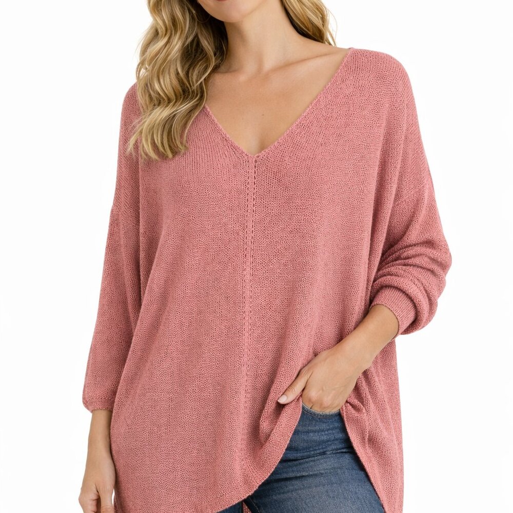 Ces Femme Rose Sweater V-neck Long Sleeves Warm Cozy Oversized